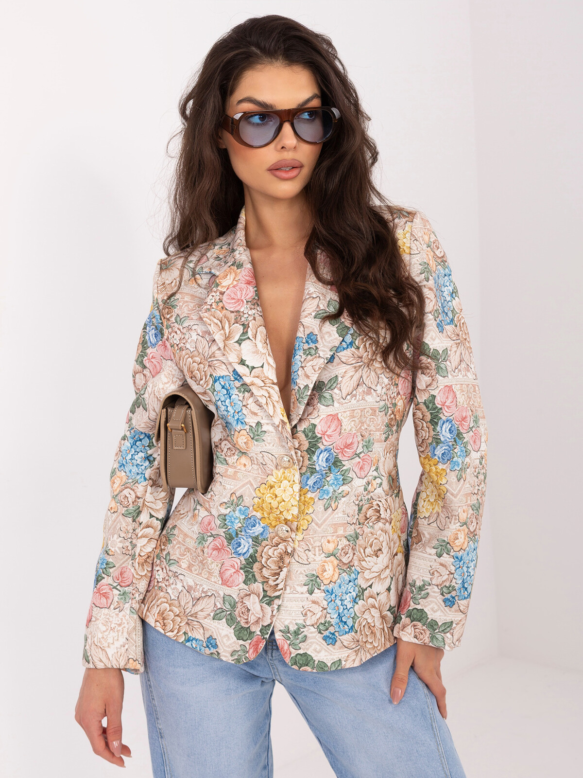 Béžové jednoradové sako s potlačou