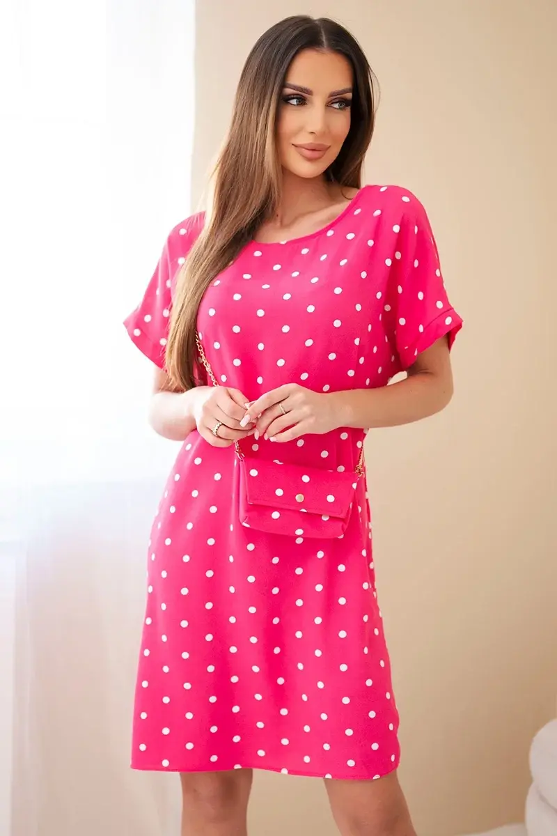 Fuchsiové bodkované šaty s kabelkou