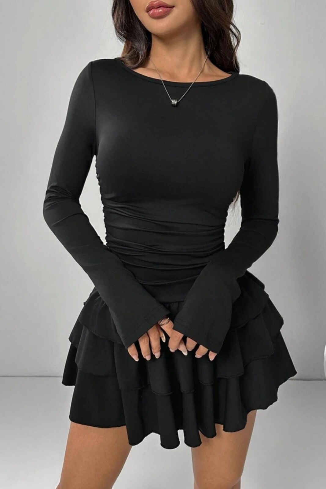 Dewberry Ruffled Layered Mini Šaty - Čierne