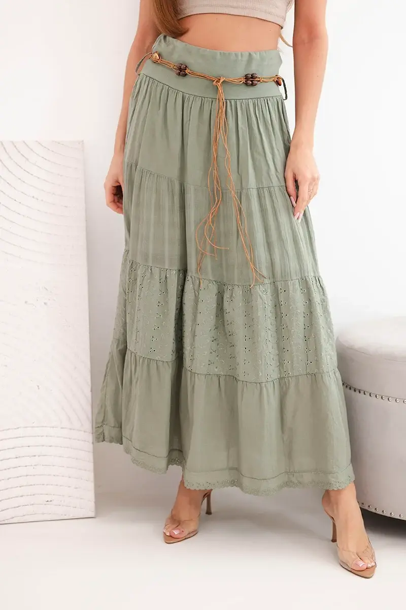 Dámska maxi bavlnená sukňa s výšivkou, khaki