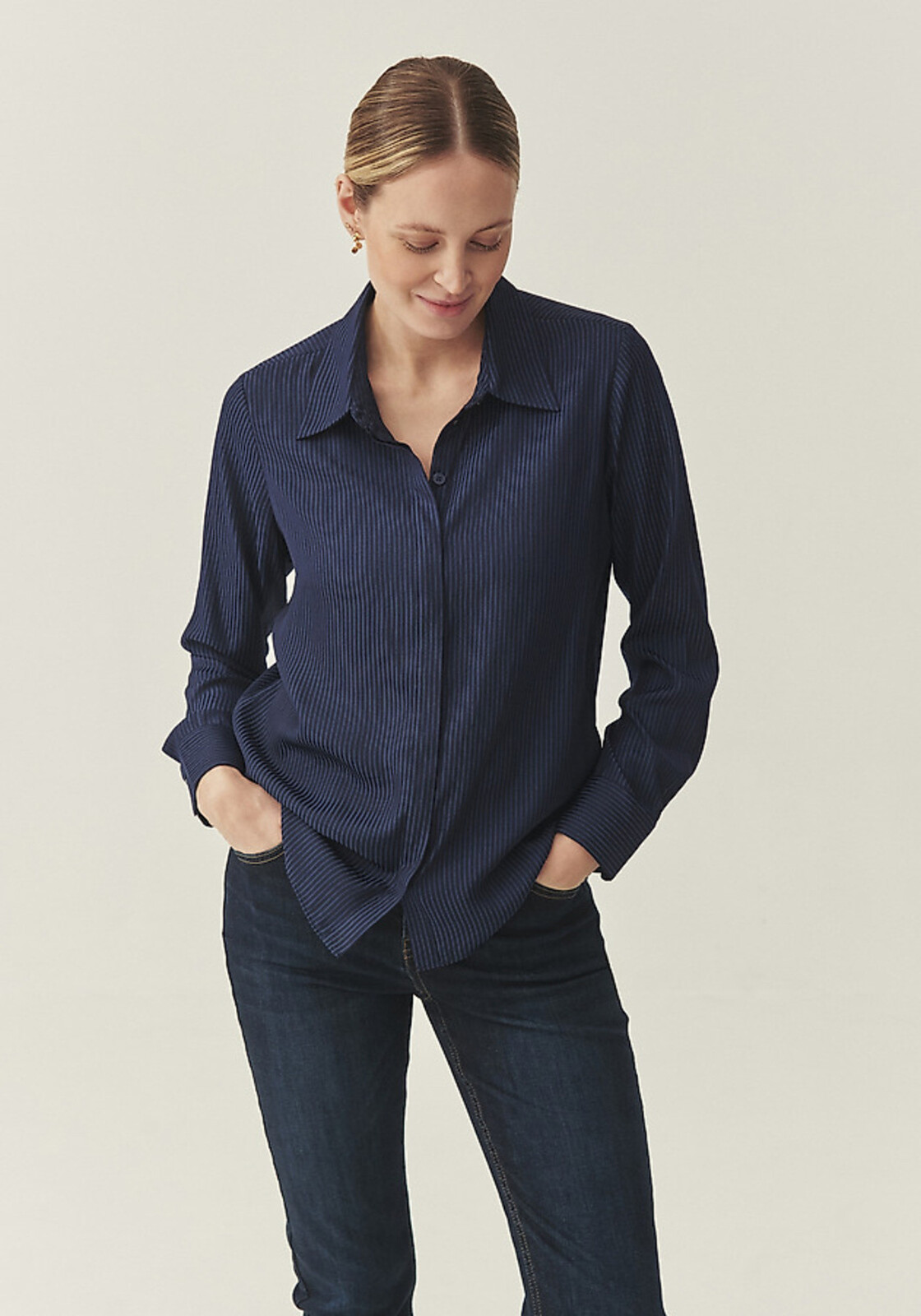 Námorná Saténová Pruhovaná Košeľa