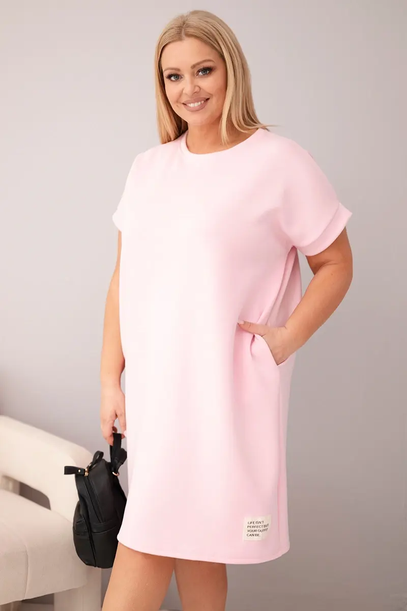 Plus-size šaty s krátkym rukávom, vreckami candy pink
