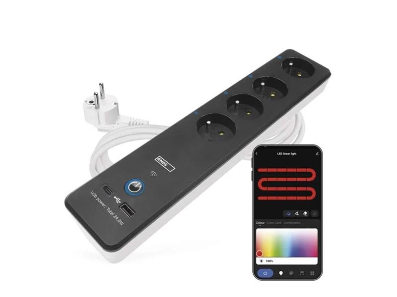 GoSmart predlžovací prívod 4 zásuvky 2m EMOS P1412SM s vyp./USB/biela-čierna/PVC/WiFi