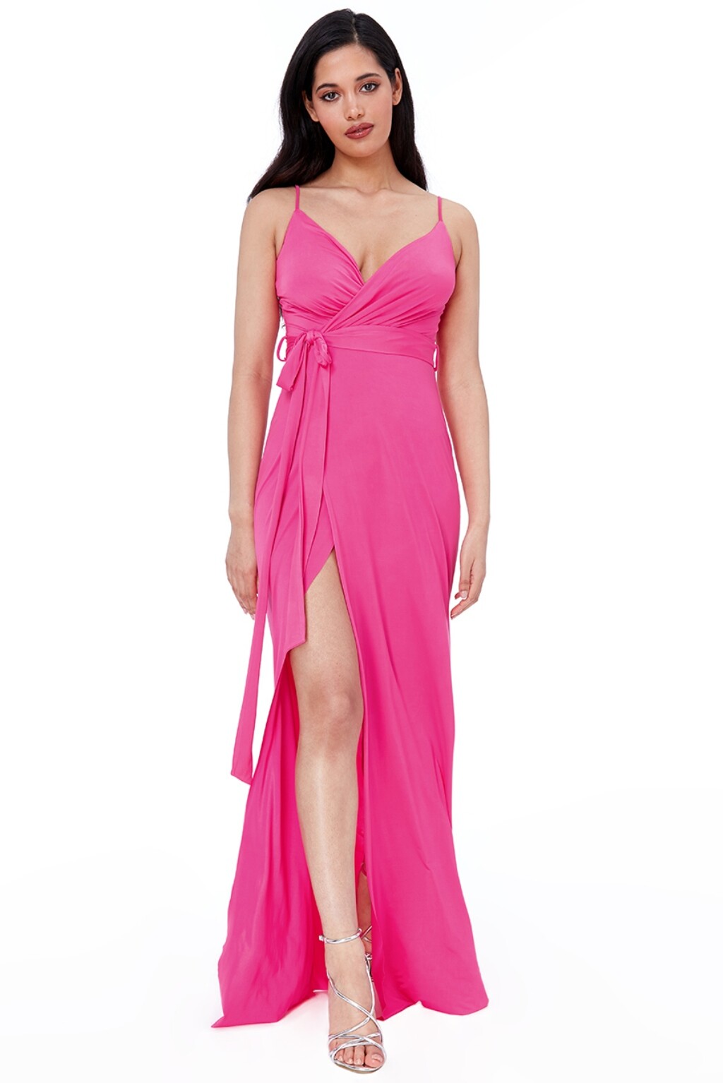Poškodený tovar - Ružové dlhé šaty s vysokým rozparkom Veľkosť: L