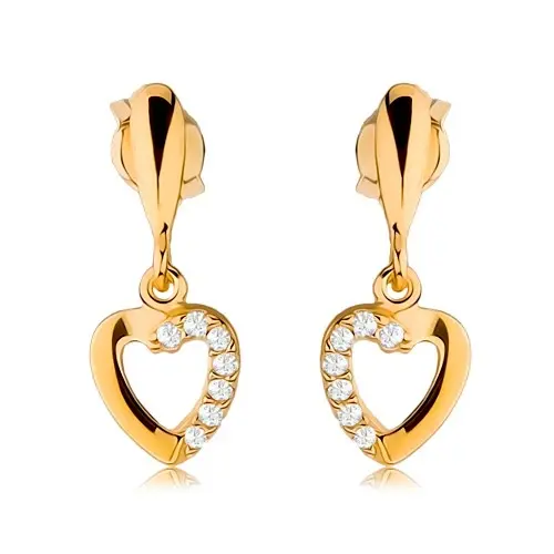 Zlaté náušnice 9K obrys srdca so zirkónovou polovicou a slzou