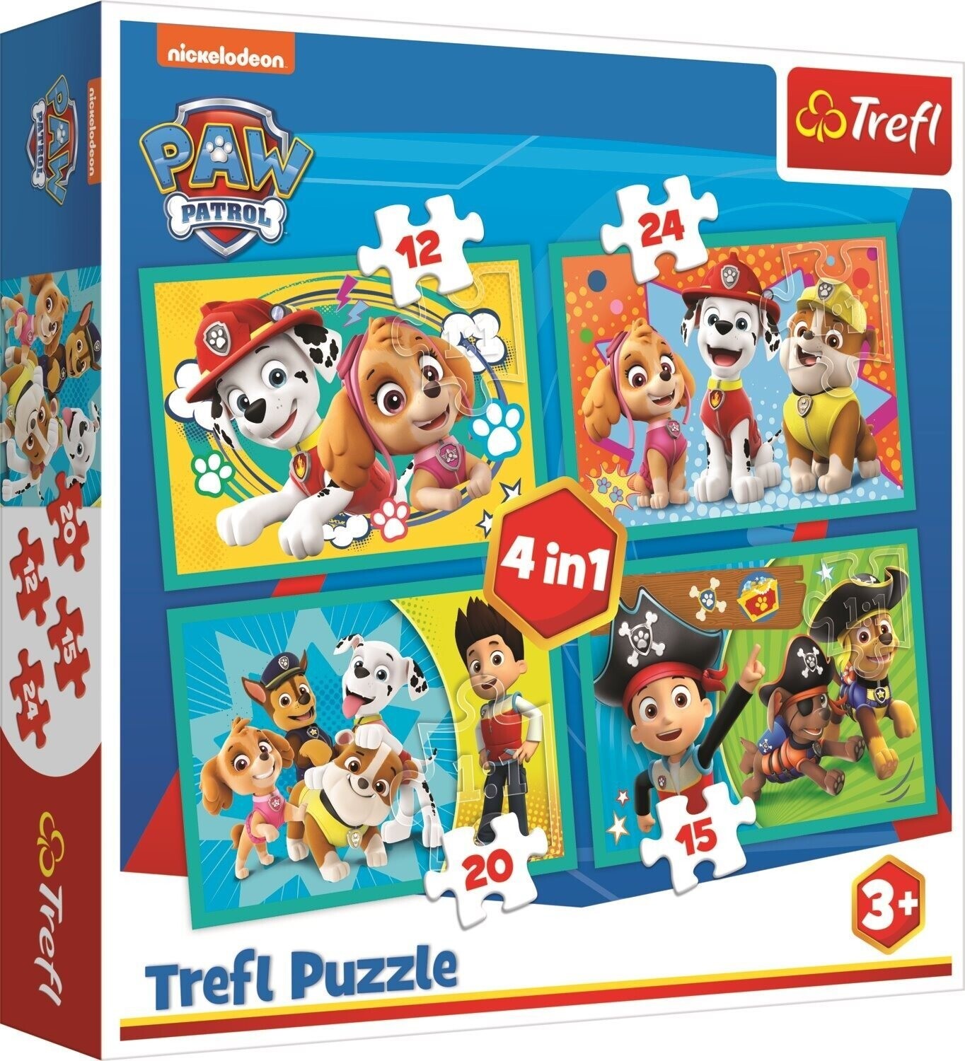 Puzzle Labková patrola: Šťastný tím 4 v 1 (12, 15, 20, 24 dielikov)