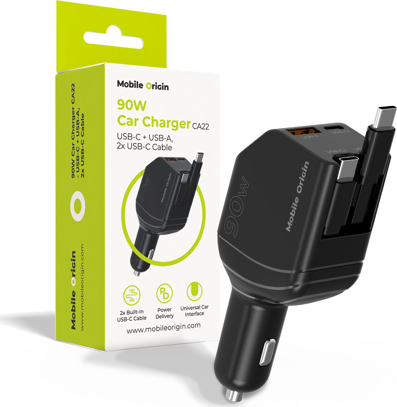 Mobile Origin 90 W Car Charger CA22 – USB-C + USB-A, 2× USB-C Cable