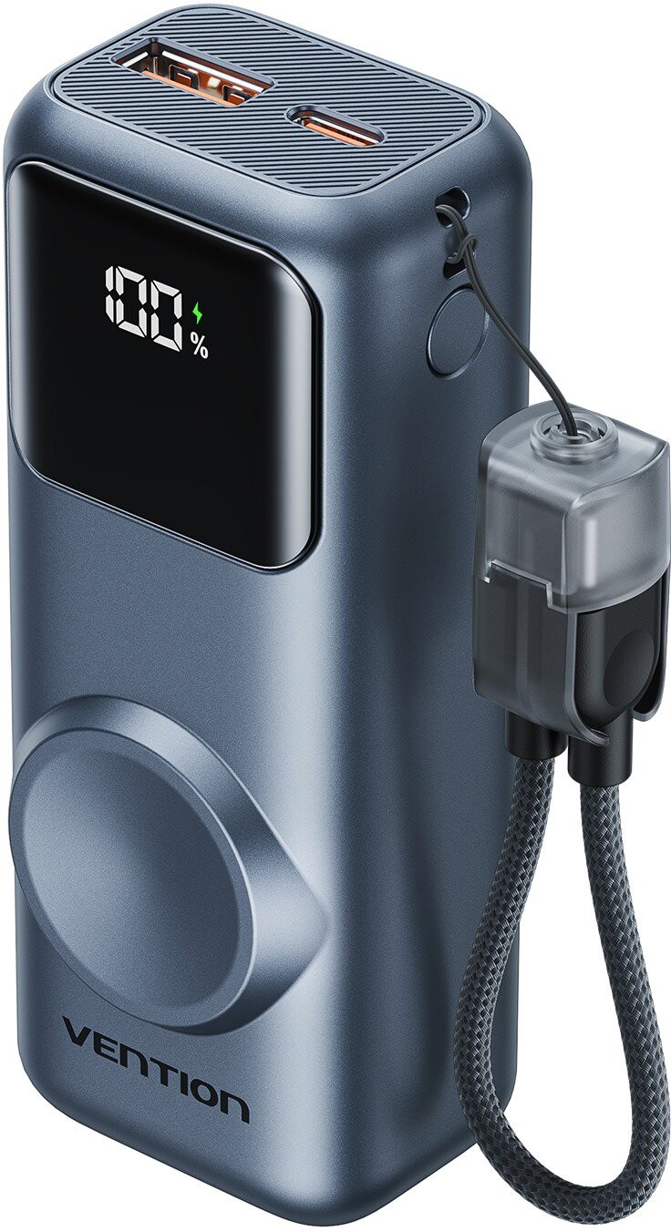 Vention Mini 10000 mAh Power Bank (USB-C + USB-A) s built-in USB-C Cable and Apple Watch Charging