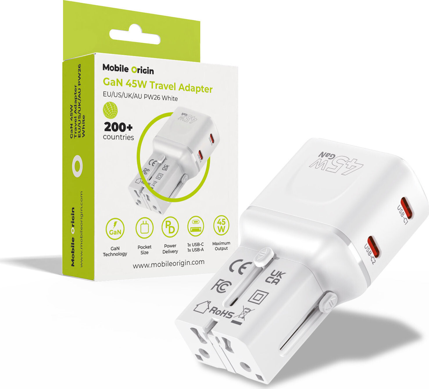 Mobilný Origin GaN 45 W Travel Adapter, EU/US/UK/AU PW26 White
