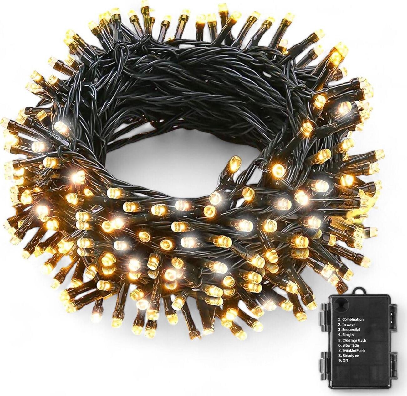 Vonkajšia vianočná reťaz 10 m 100 LED na batérie, 8 programov, časovač, teplá biela