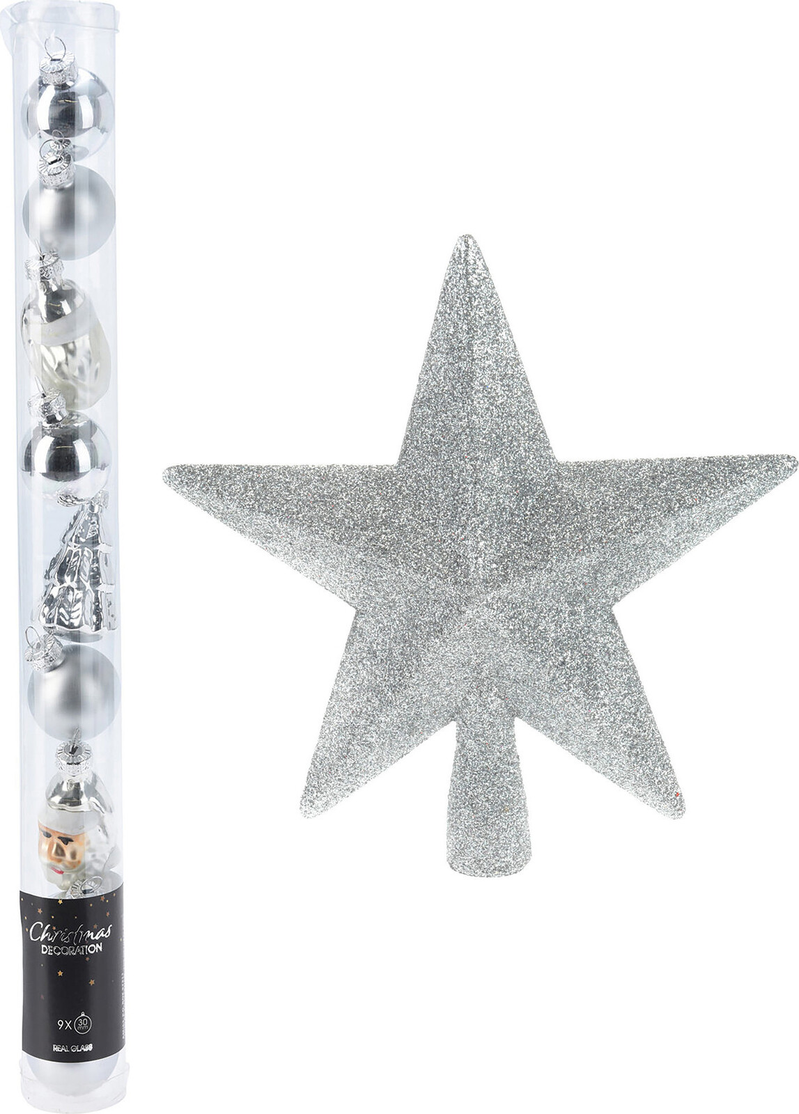 H & L Sada strieborná špička na vianočný stromček + sada ozdôb priemer 3 cm, 9 ks, strieborná