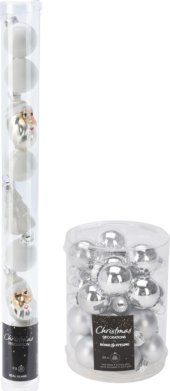 H & L Sada vianočných ozdôb priemer 3 cm, 9 ks, biely + sada ozdôb 24 ks, priemer 2,5 cm, strieborná