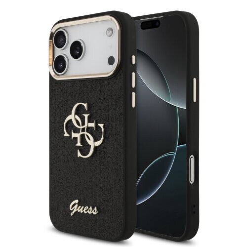 Guess PU Fixed Glitter 4G Metal Frame Zadní Kryt pro iPhone 17 Pro Max Black