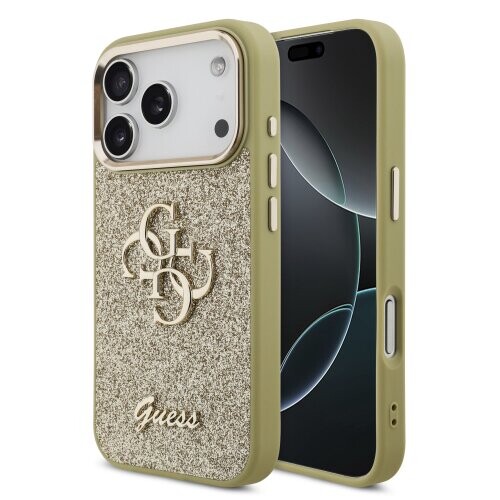 Guess PU Fixed Glitter 4G Metal Frame Zadní Kryt pro iPhone 17 Pro Gold