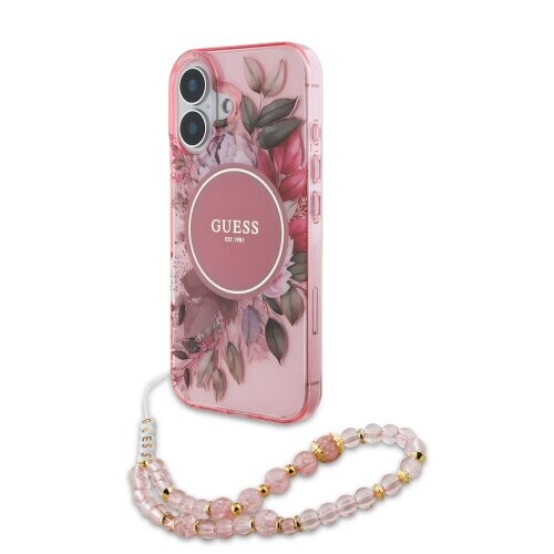 Guess IML Flowers Strap MagSafe Zadní Kryt pro iPhone 16 Plus Pink