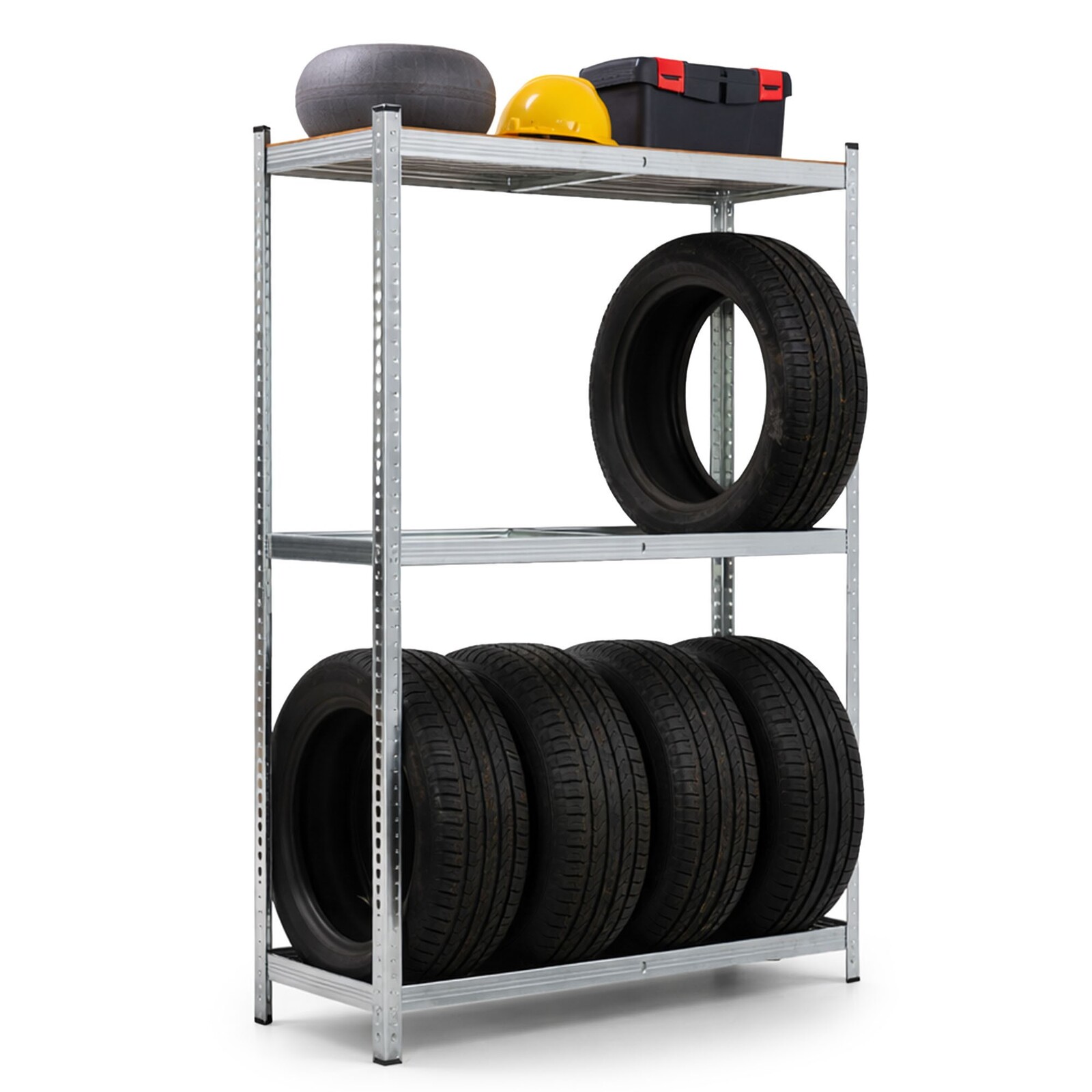 Dílenský kovový regál na pneumatiky SOSA s 3 policemi stříbrný