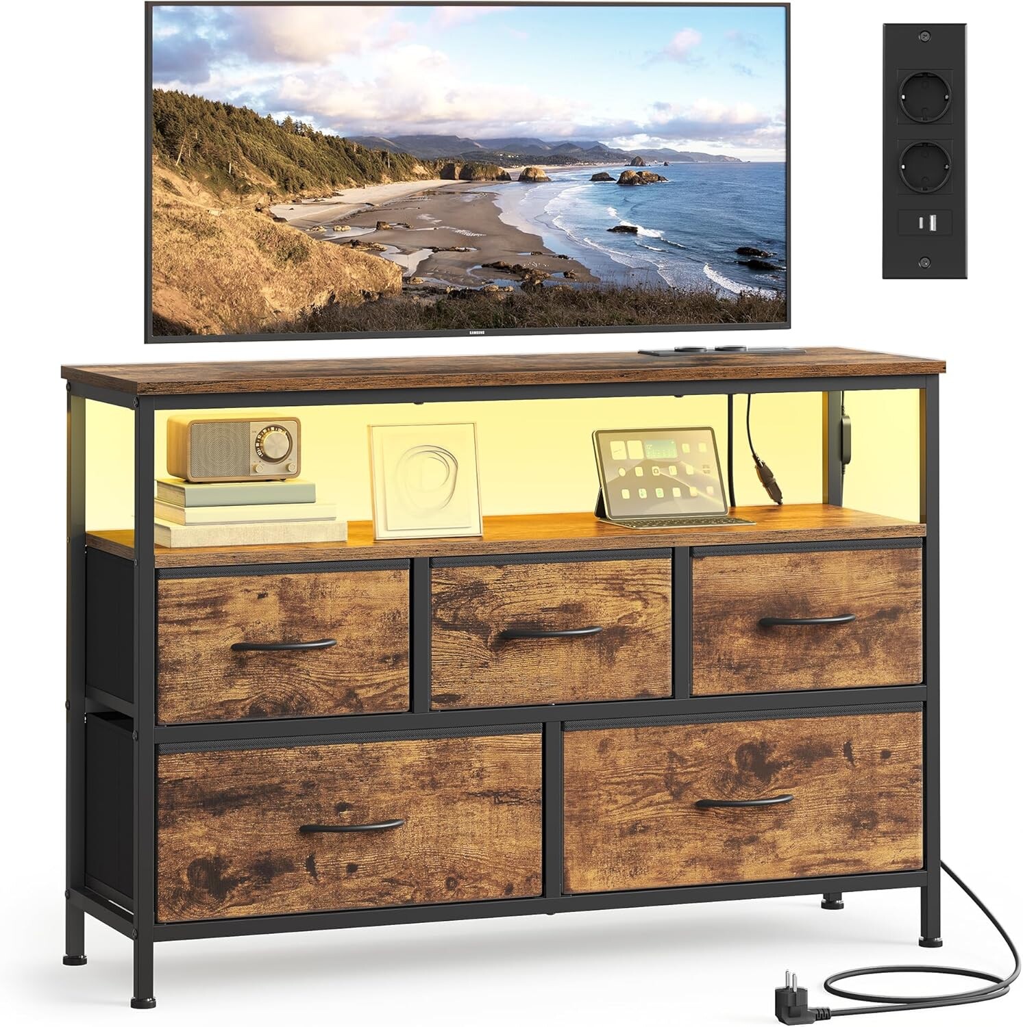 Komoda s LED osvětlením a nabíjecí stanicí Vasagle Mory 98,7 cm hnědá/černá