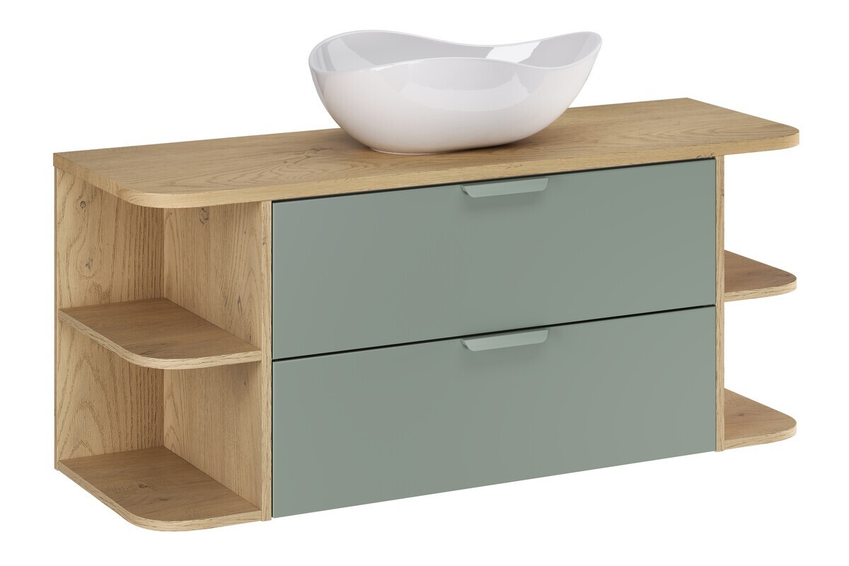 Závěsná skříňka Aster Ovalia Cloud s umyvadlem 120 cm dub cremona/zelená