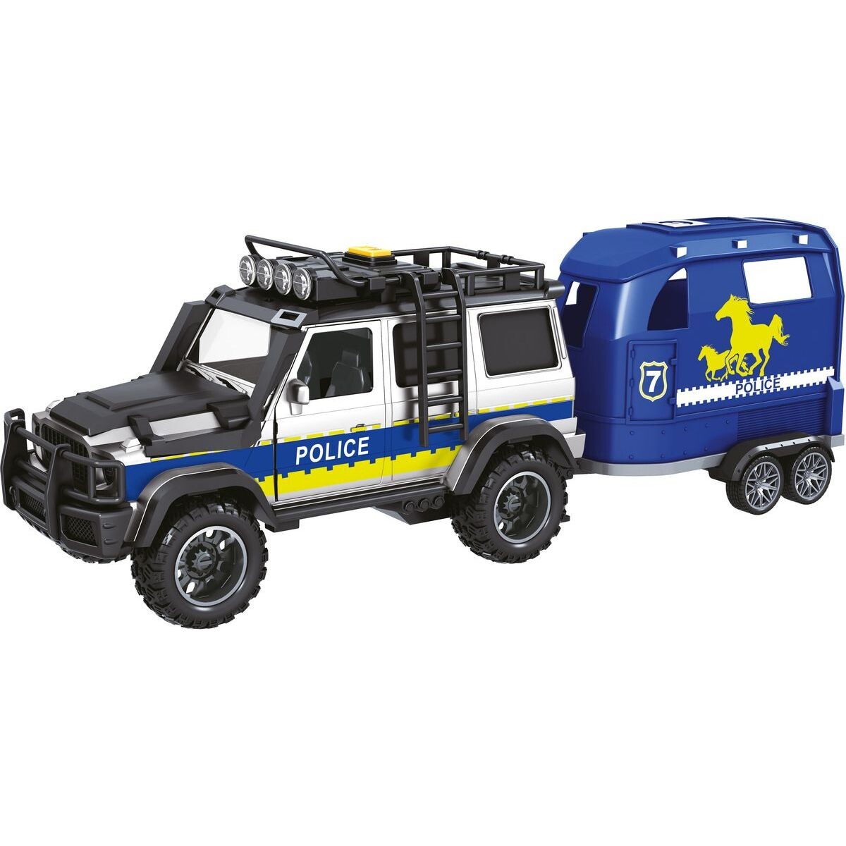 Sparkys CITY SERVICE CAR - 1:14 - Policajné auto s prívesom a koňom (so zvukom a svetlami)