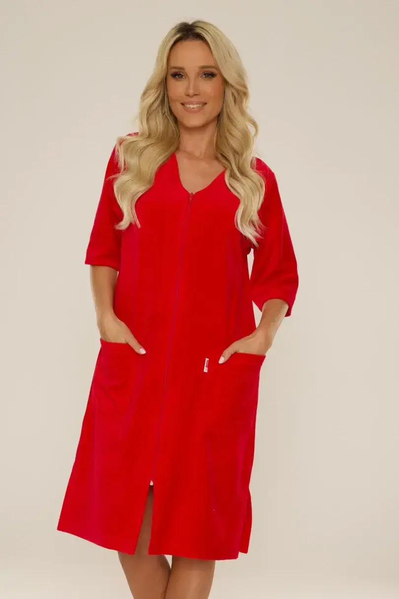 Dámsky velúrový župan so zipsom 431 Červená 2XL