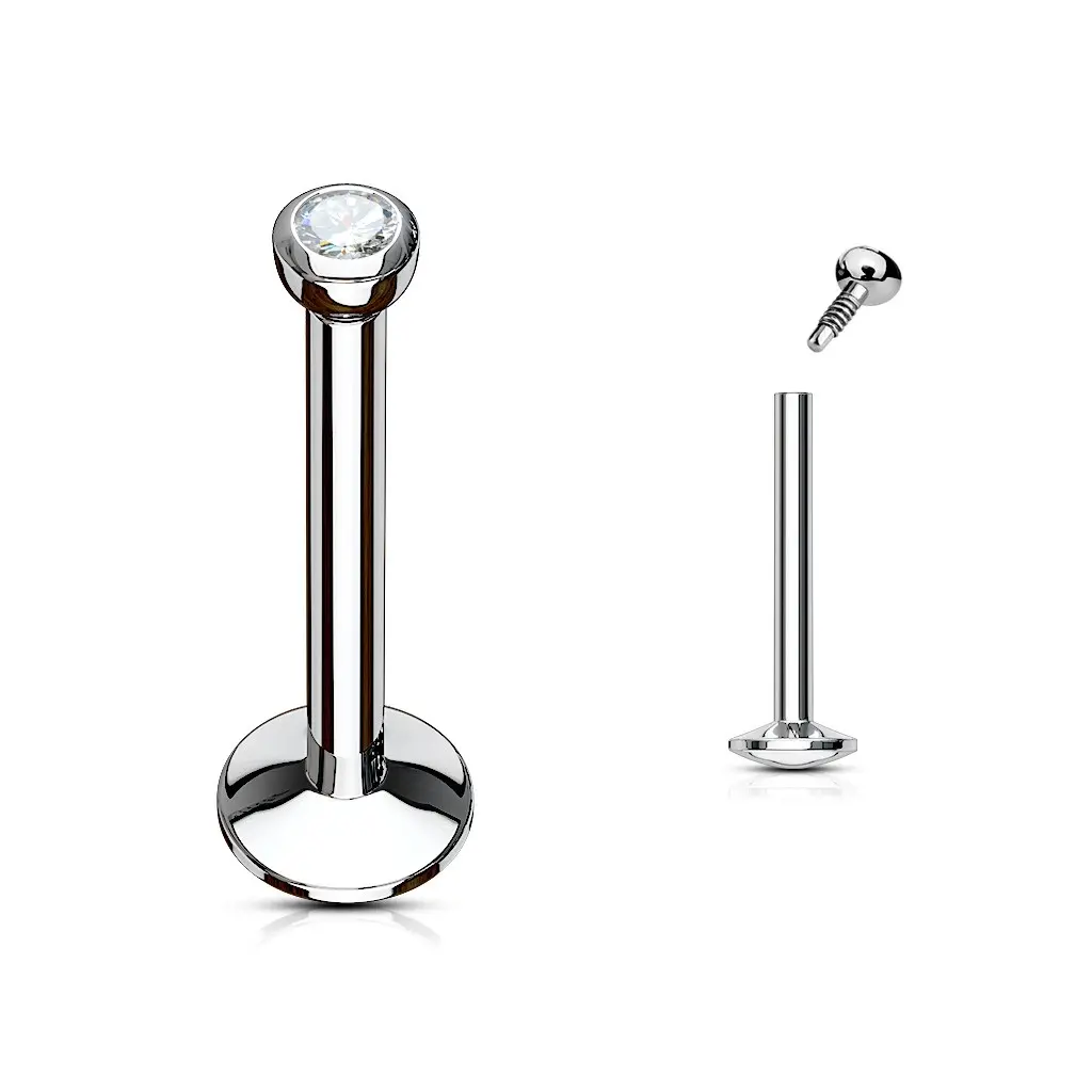 Oceľový piercing do pery a brady - číry okrúhly zirkónik, 11 mm