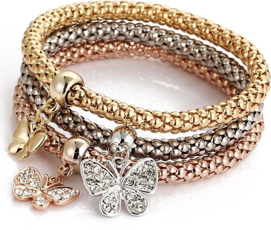 Silver Star pružný náramok z chirurgickej ocele, 3 kusy motýliky