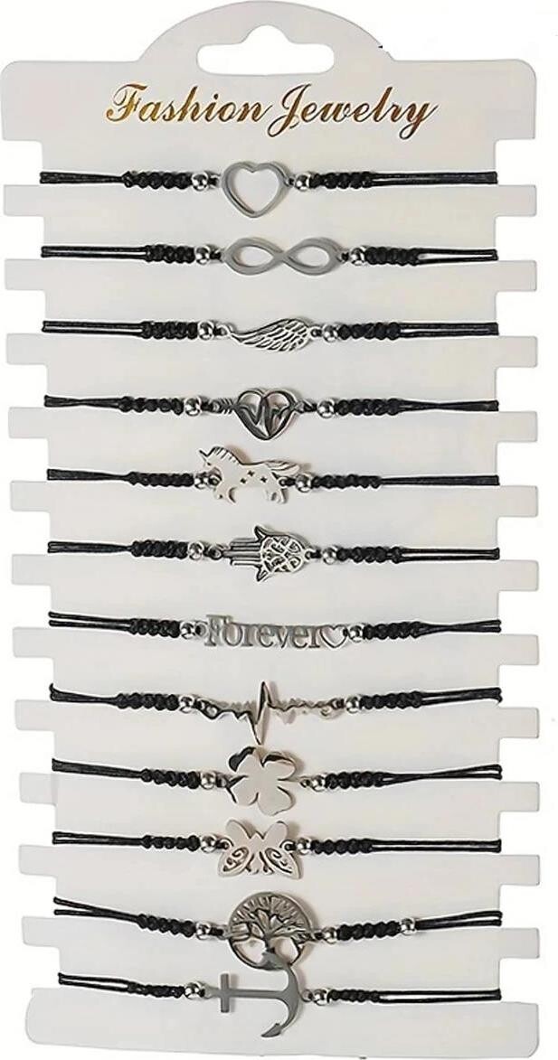 Predator Q1 Sada 12 módnych pánskych náramkov na čiernej šnúrke 16 – 24 cm