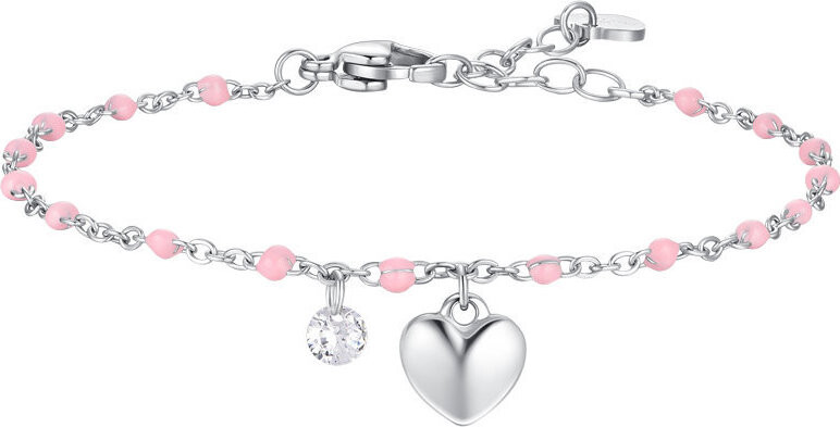 LUCA BARRA Oceľový náramok so srdcom, kryštálom a kameňom s ružovým smaltom