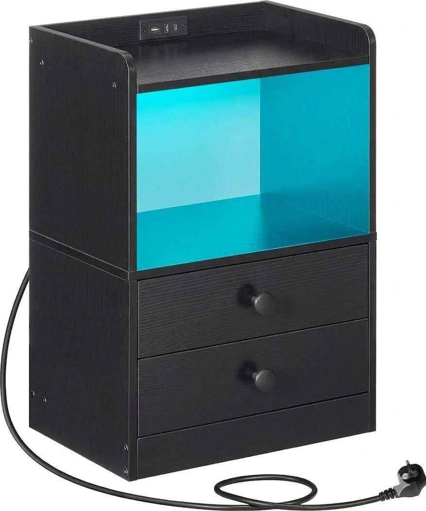 Vasagle Silven Noční stolek 38 cm s LED osvětlením a nabíjecí stanicí černý