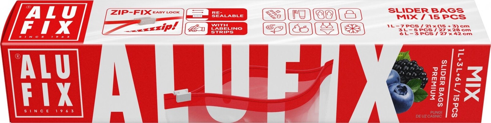 ALUFIX Vrecká so zipsom mix 15 ks (1 l + 3 l + 6 l)