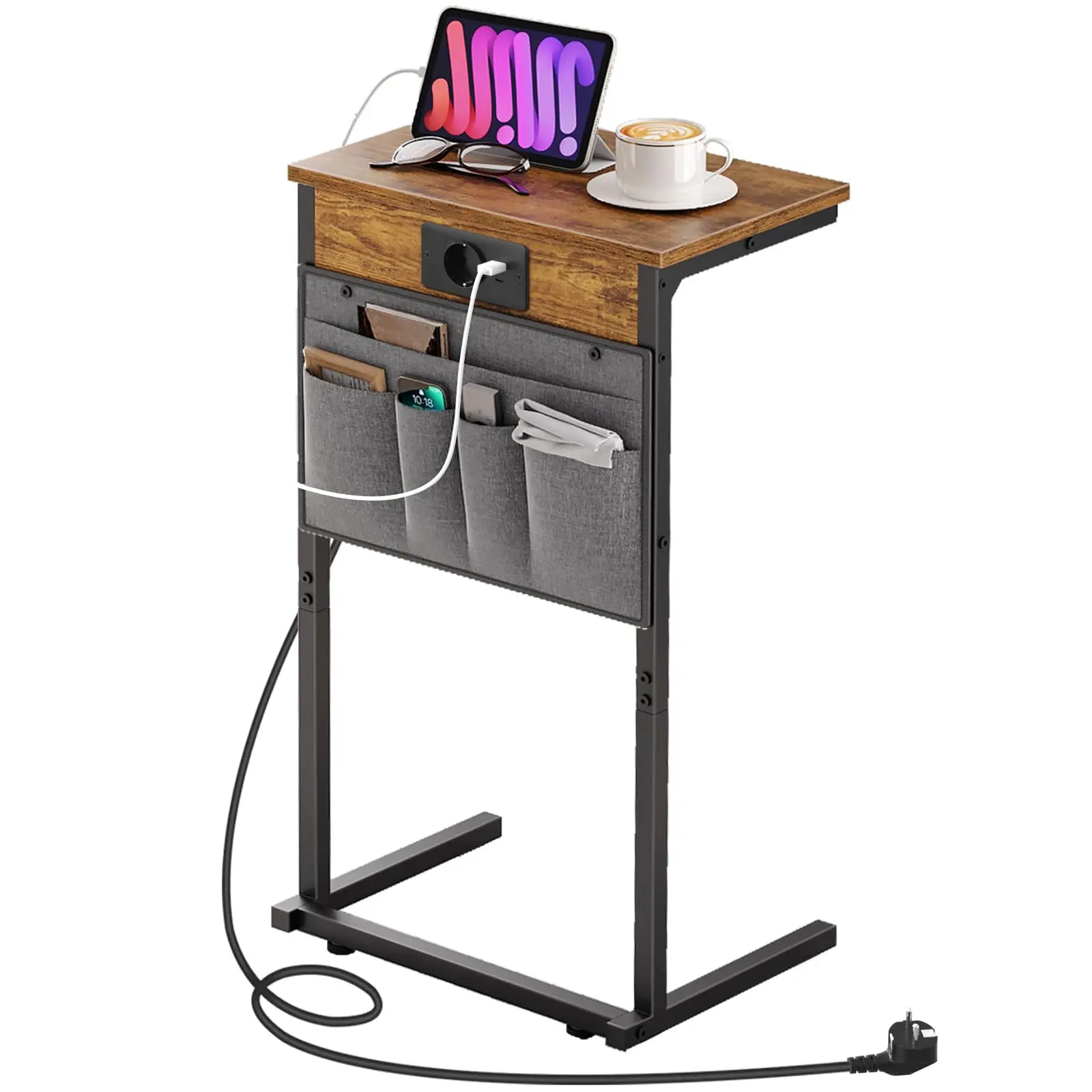 Odkládací stolek Houseland Fill s nabíjecí stanicí a kapsářem hnědý/černý