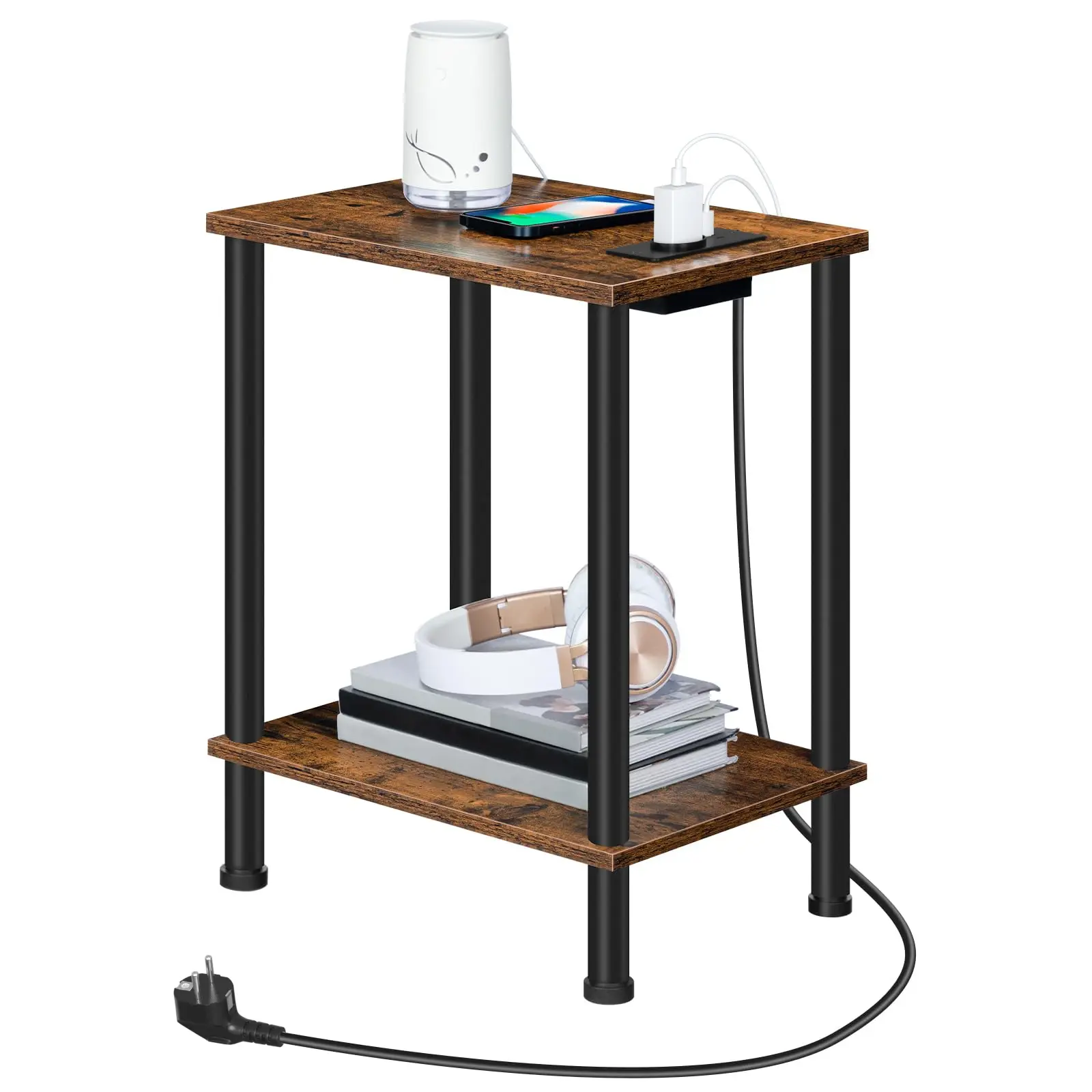 Odkládací stolek Houseland Lela s nabíjecí stanicí a USB hnědý/černý