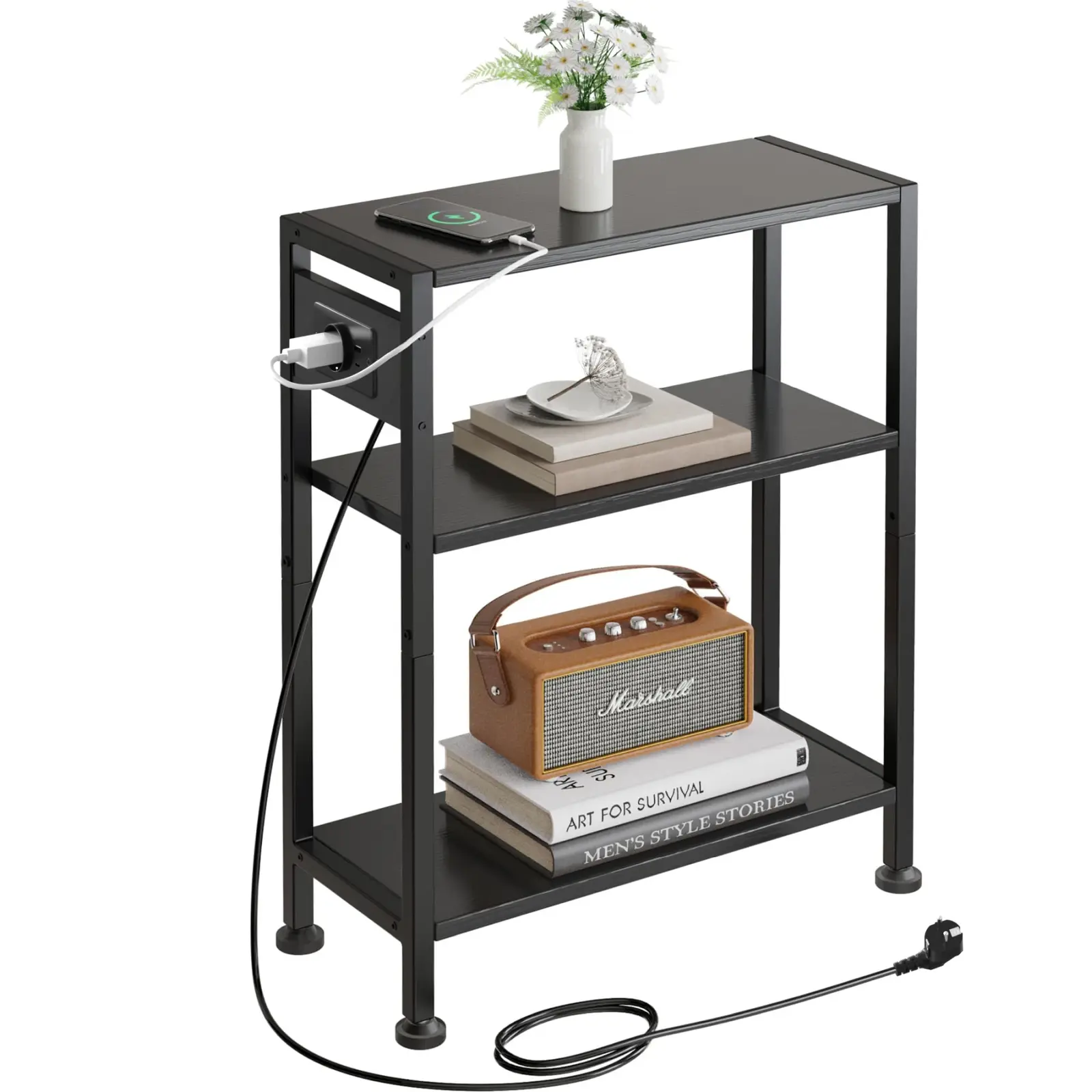 Odkládací stolek s nabíjecí stanicí a USB Houseland Qler černý