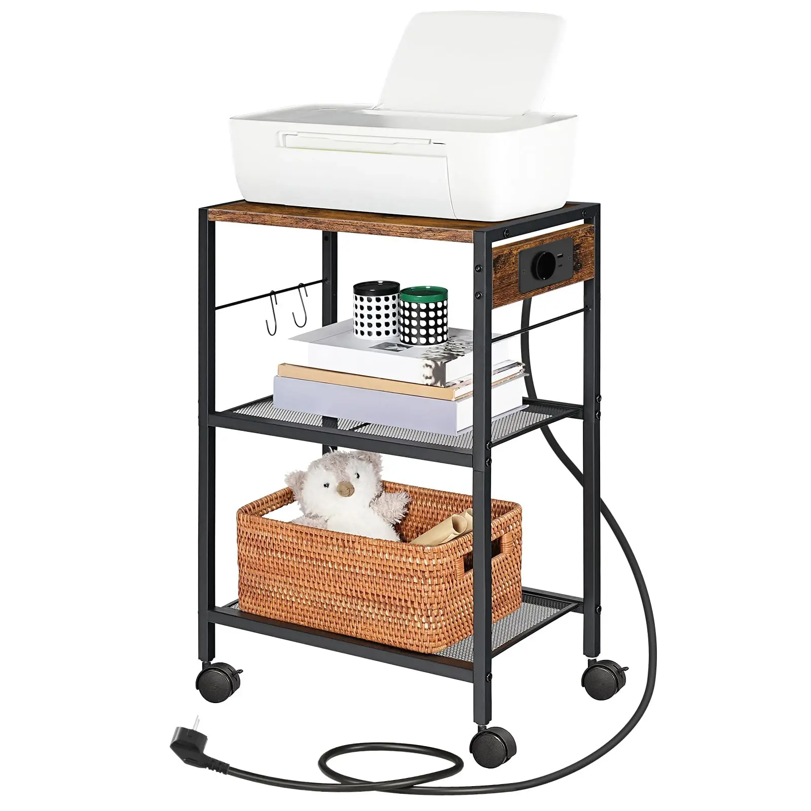 Pojízdný kancelářský regál s nabíjecí stanicí a USB Houseland Liv hnědý/černý