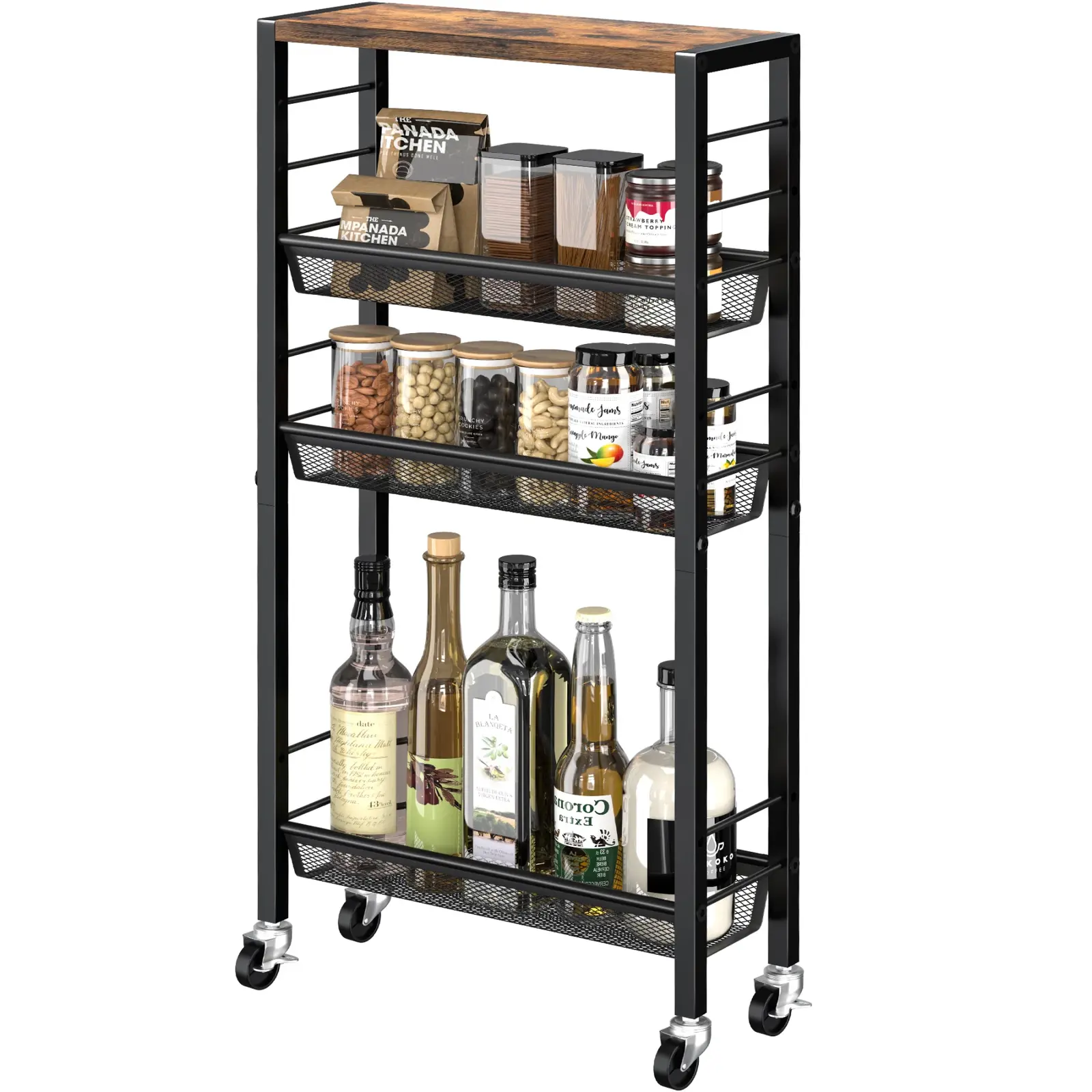 Pojízdný kuchyňský regál Houseland Luva hnědý/černý