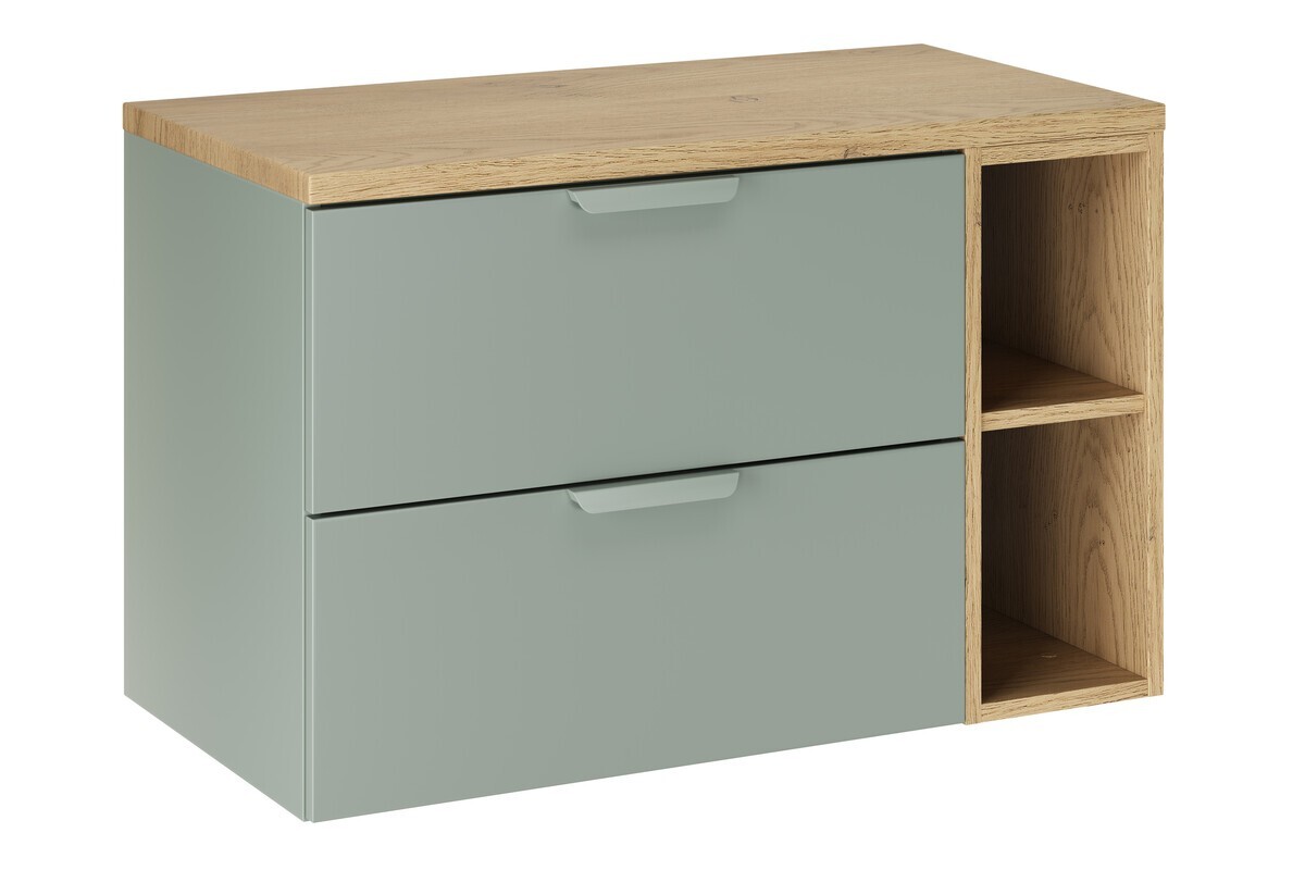 Závěsná skříňka pod umyvadlo Aster Nordic s deskou a regálem 80 cm zelená/dub cremona