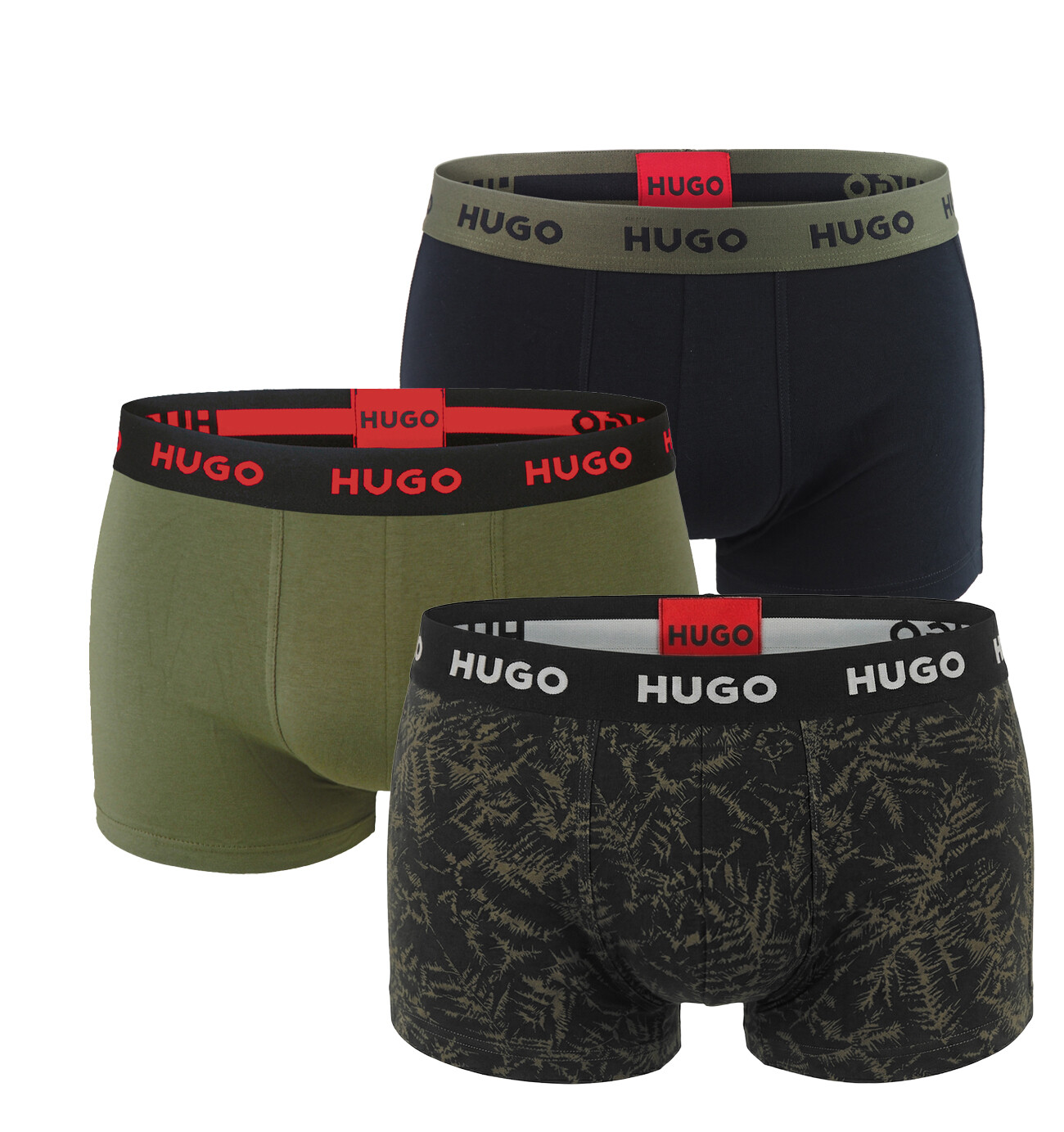 HUGO - boxerky 3PACK cotton stretch black / modern forest grain