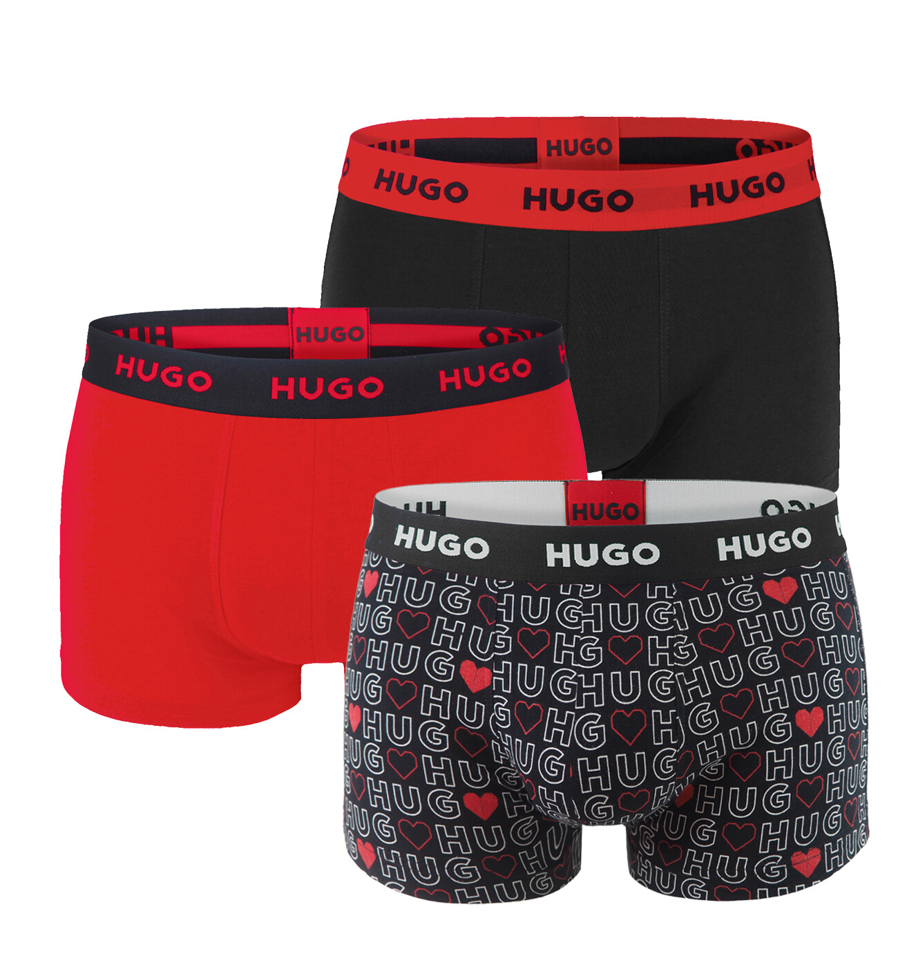 HUGO - boxerky 3PACK cotton stretch red & black / heart logo