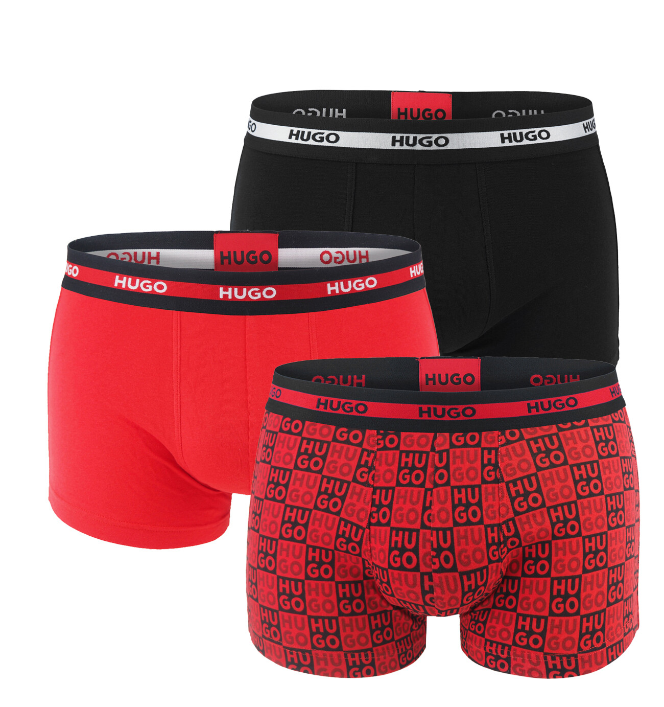 HUGO - boxerky 3PACK cotton stretch black / modern red logo