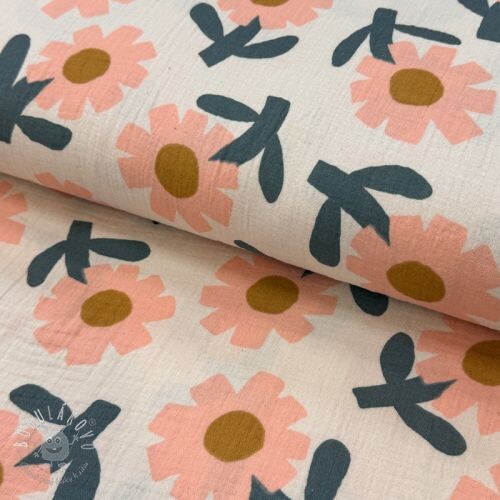 Dvojitá gázovina/mušelín Flowers peach by JENNIFER BOURON ORGANIC