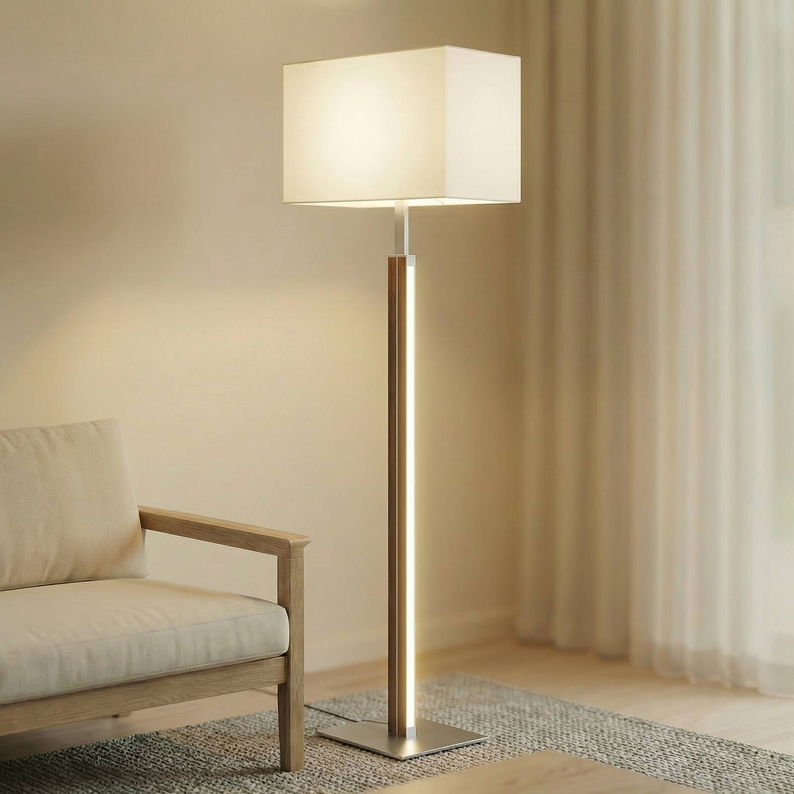 LED stojacia lampa Quitani Lisene, orech/striebro/prírodná farba, 162 cm,