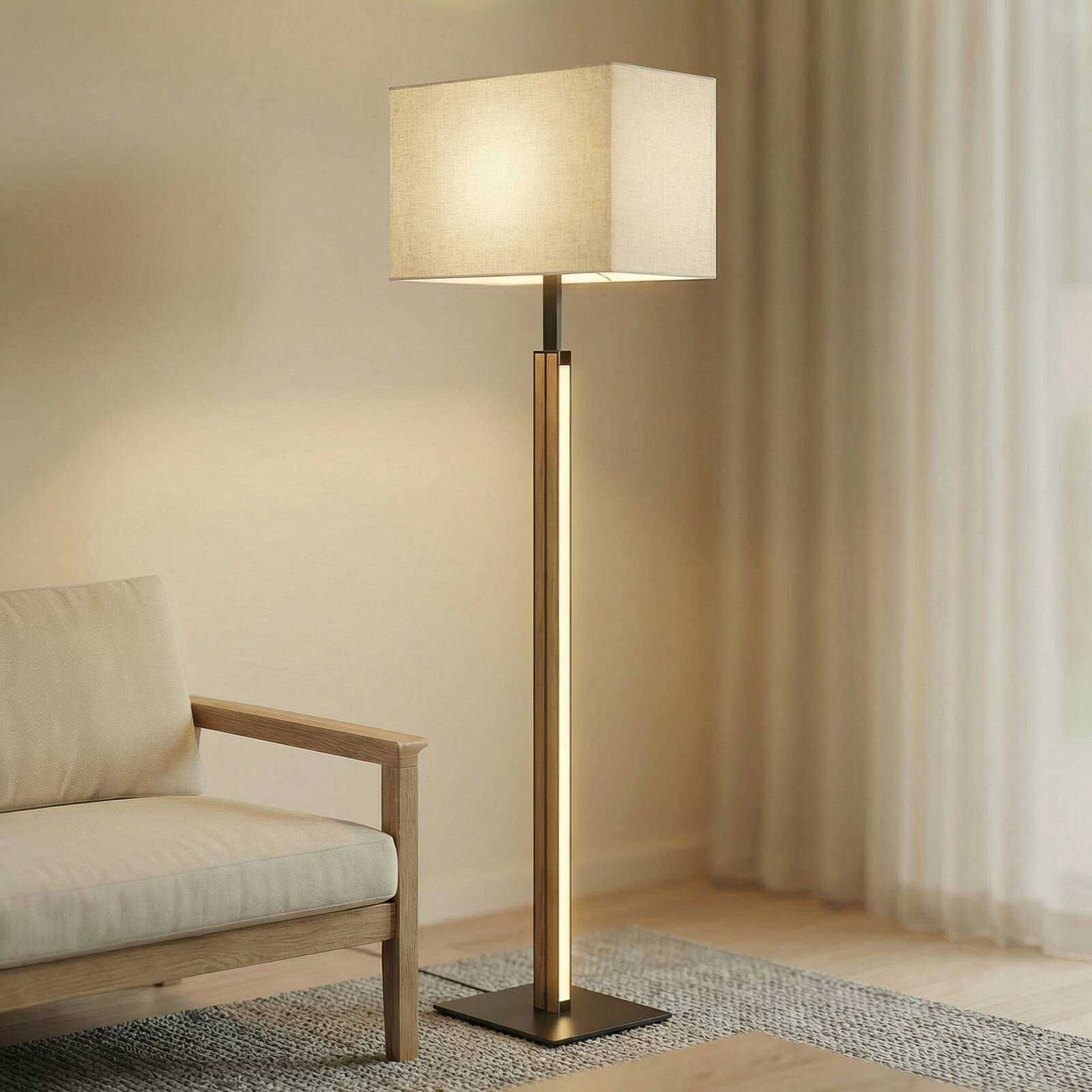 LED stojacia lampa Quitani Lisene, dub/čierna/prírodná, 162 cm, stmievateľná