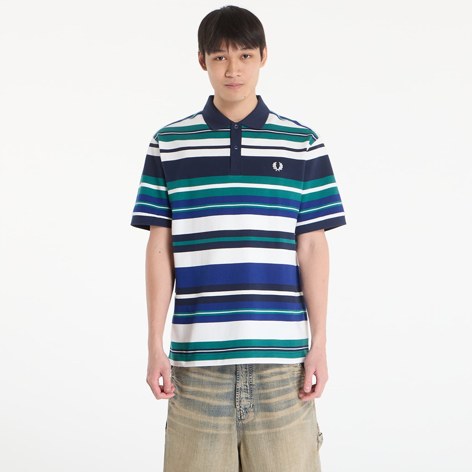 Tričko FRED PERRY Striped Relaxed Polo Shirt Deep Mint L