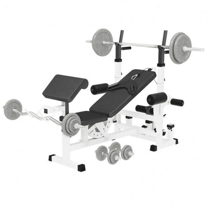 Gorilla Sports Posilňovacia lavica + liatinový set činiek, biela