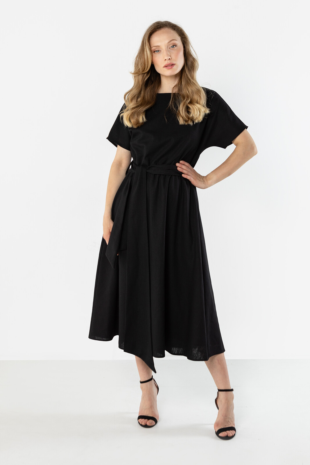 Linen Midi Šaty s viazaním v páse