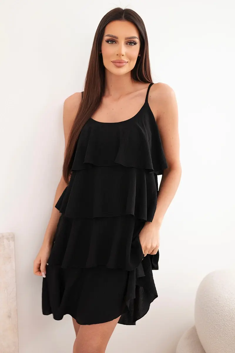 Dámske mini šaty na ramienka s volánmi čierne