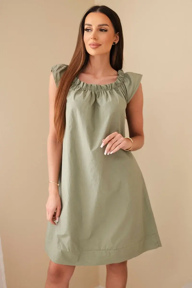 Dámske bavlnené šaty s ruched výstrihom a volánom khaki