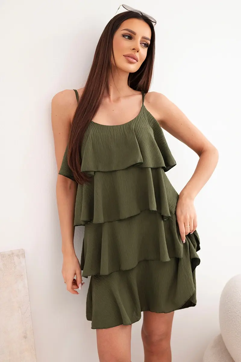 Kesi dámske mini šaty s ramienkami a volánikmi khaki