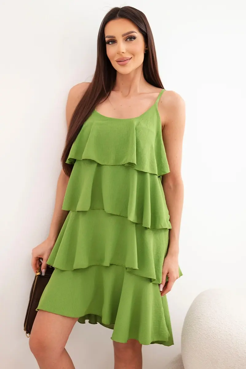 Dámske mini šaty s ramienkami a volánikmi olivové
