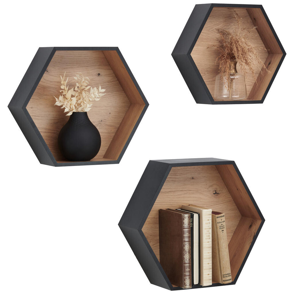 Xora SADA NÁSTENNÝCH REGÁLOV, čierna, dub artisan